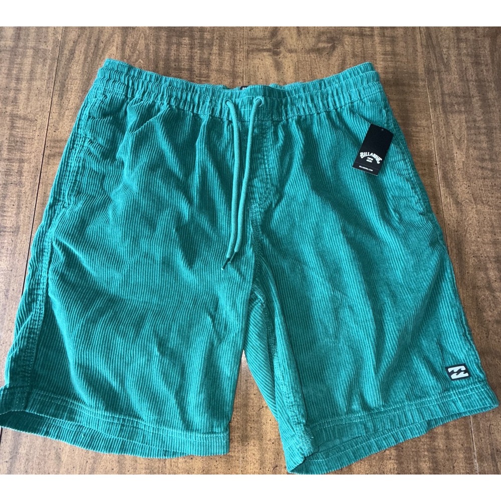 Billabong Mens Corduroy Shorts Green Elastic Waist Drawstring Skate Sz Large NEW